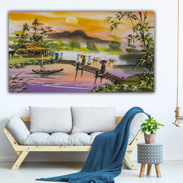 Multicolour_Beautiful_Canvas_Paintings_A_Sunrise_Morning_In_A_Village_Landscape_Abstract_Modern_Wall_Art_Large_Size_Paintings_(With_Frame)_(48_By_24_Inches_|_120_By_60_Cm)
