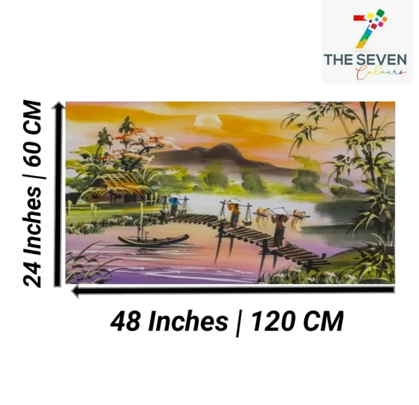 Multicolour_Beautiful_Canvas_Paintings_A_Sunrise_Morning_In_A_Village_Landscape_Abstract_Modern_Wall_Art_Large_Size_Paintings_(With_Frame)_(48_By_24_Inches_|_120_By_60_Cm)