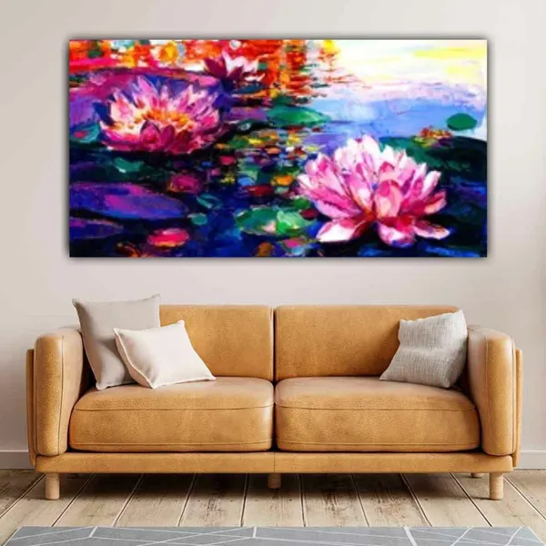 Multicolour_Floral_Canvas_Painting_Frame_Wall_Decor_For_Living_Room,_Lotus_Flower_Painting_|_Big_Large_Size_Wall_Painting_Frame_|_Canvas_Painting_(Ready_To_Hang)_(60_By_30_Inches)
