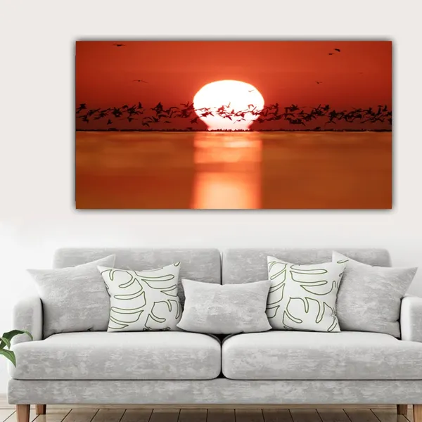 Multicolour_Beautiful_Canvas_Paintings_Silhouette_Of_Black_Headed_Gulls_And_Sunrise_For_Living_Room_|_Bedroom_|_Big_Size_Painting_(With_Frame)_(48_By_24_Inches)