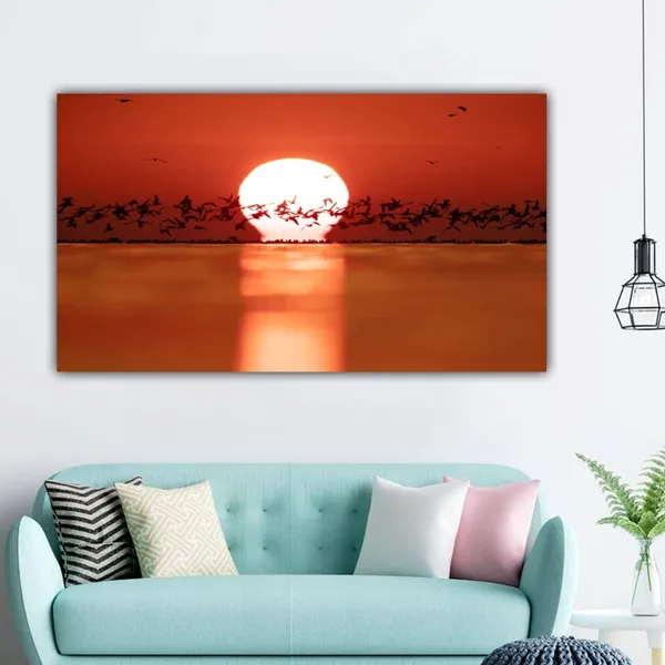 Multicolour_Beautiful_Canvas_Paintings_Silhouette_Of_Black_Headed_Gulls_And_Sunrise_For_Living_Room_|_Bedroom_|_Big_Size_Painting_(With_Frame)_(48_By_24_Inches)