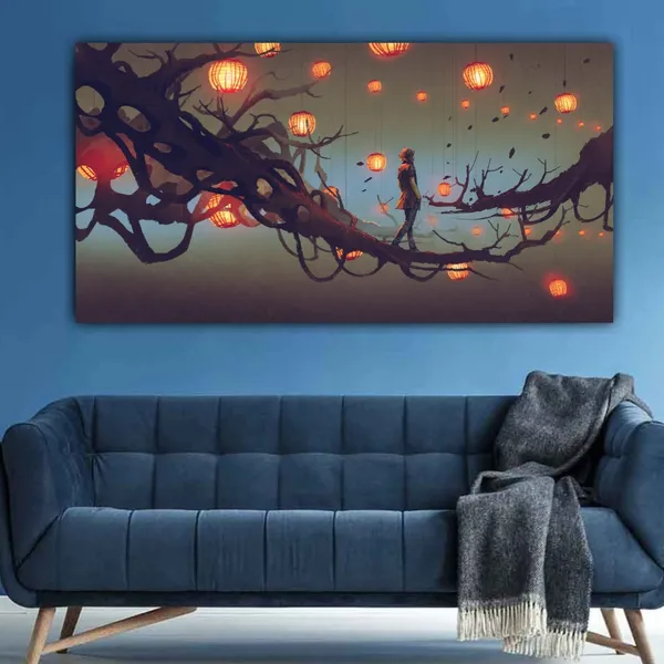Multicolour_Girl_Walking_On_Tree_Branch_Lit_Lanterns_Beautiful_Abstract_Modern_Wall_Art_Canvas_Painting_Frame_For_Living_Room_|_Bedroom_Big_Size_(With_Frame)_(48_By_24_Inches)
