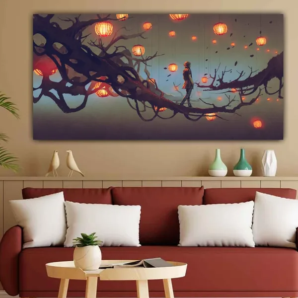 Multicolour_Girl_Walking_On_Tree_Branch_Lit_Lanterns_Beautiful_Abstract_Modern_Wall_Art_Canvas_Painting_Frame_For_Living_Room_|_Bedroom_Big_Size_(With_Frame)_(48_By_24_Inches)
