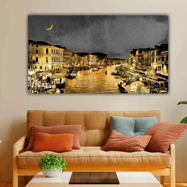 Multicolour_Beautiful_Venice_City_Italy_Night_Landscape_Painting_Canvas_Modern_Wall_Art_Decor_Big_Large_Size_Paintings_For_Living_Room_(With_Frame)_(48_By_24_Inches)