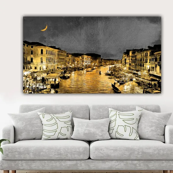 Multicolour_Beautiful_Venice_City_Italy_Night_Landscape_Painting_Canvas_Modern_Wall_Art_Decor_Big_Large_Size_Paintings_For_Living_Room_(With_Frame)_(48_By_24_Inches)