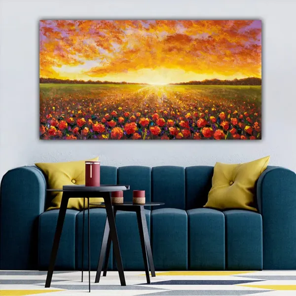 Multicolour_Beautiful_Sunrise_In_Sunflower_Field_Landscape_Painting_Canvas_Abstract_Modern_Wall_Art_Decor_Big_Large_Size_Paintings_For_Living_Room_(With_Wooden_Frame)_(60_By_30_Inches)