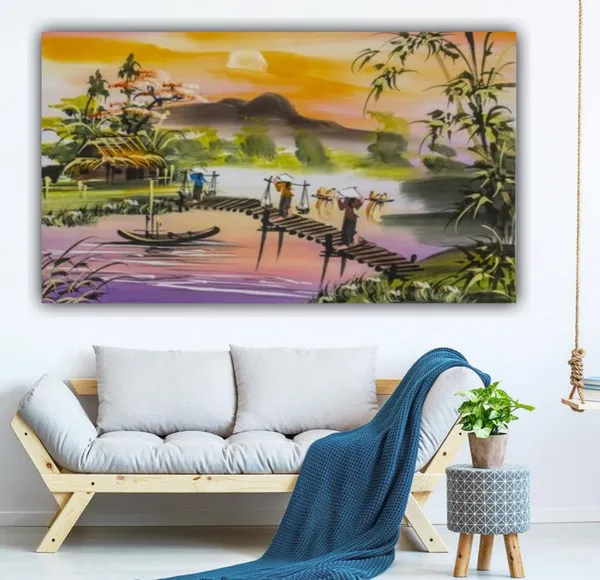 Multicolour_Beautiful_Canvas_Paintings_A_Sunrise_Morning_In_A_Village_Landscape_Abstract_Modern_Wall_Art_Big_Large_Size_Paintings_(With_Wooden_Frame)_(60_By_30_Inches)