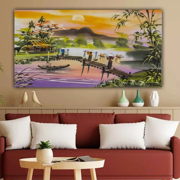 Multicolour_Beautiful_Canvas_Paintings_A_Sunrise_Morning_In_A_Village_Landscape_Abstract_Modern_Wall_Art_Big_Large_Size_Paintings_(With_Wooden_Frame)_(60_By_30_Inches)