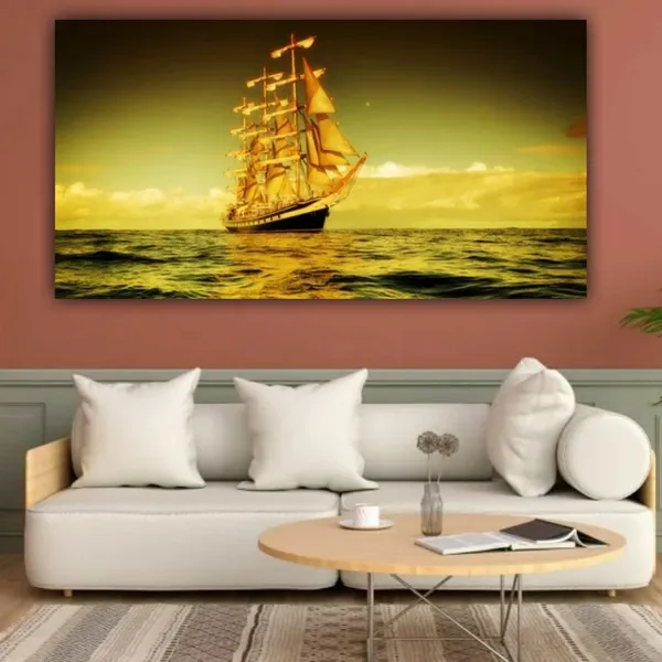 Multicolour_Beautiful_Sailing_Ship_In_Sunset_Canvas_Paintings_Big_Size_For_Living_Room_|_Bedroom_|_Office_Wall_(With_Frame)_(60_By_30_Inches)