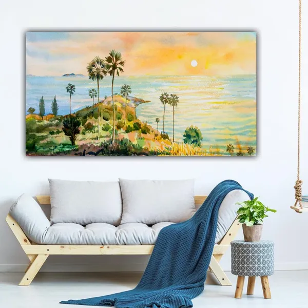 Multicolour_Beautiful_Trees_Near_River_Bank_Sunrise_Landscape_Paintings_Canvas_Abstract_Modern_Wall_Art_Decor_Big_Large_Size_Painting_For_Living_Room_(With_Frame)_(60_By_30_Inches)