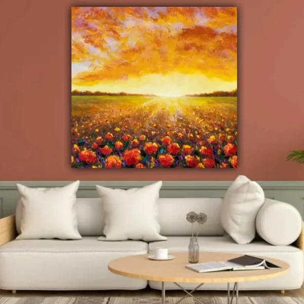 Multicolour_Beautiful_Sunrise_In_Sunflower_Field_Landscape_Paintings_Abstract_Modern_Wall_Art_Decor_Painting_For_Living_Room_(24_By_24_Inches)_(With_Frame)