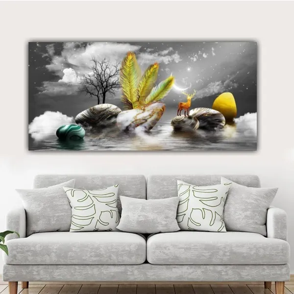Multicolour_Landscape_Canvas_Painting_Wall_Frame_Big_Large_Size_Wall_Painting_Frame_Wall_Decor_|_Canvas_Painting_|_Deer_At_River_Bank_Wall_Art_(Ready_To_Hang)_(48_By_24_Inches)