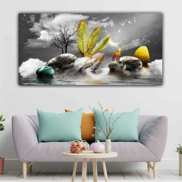 Multicolour_Landscape_Canvas_Painting_Wall_Frame_Big_Large_Size_Wall_Painting_Frame_Wall_Decor_|_Canvas_Painting_|_Deer_At_River_Bank_Wall_Art_(Ready_To_Hang)_(48_By_24_Inches)
