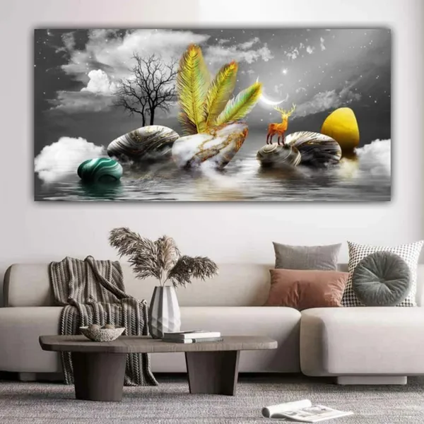 Multicolour_Landscape_Canvas_Painting_Wall_Frame_Big_Large_Size_Wall_Painting_Frame_Wall_Decor_|_Canvas_Painting_|_Deer_At_River_Bank_Wall_Art_(Ready_To_Hang)_(48_By_24_Inches)