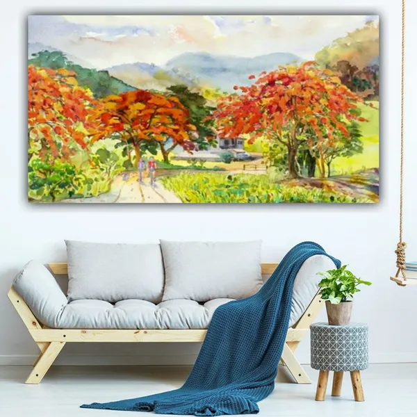 Multicolour_Beautiful_Canvas_Landscape_Paintings_Autumn_Red_Orange_Flower_Trees_Modern_Wall_Art_Decor_Abstract_Designs_Big_Large_Size_(With_Wooden_Frame)_(48_By_24_Inches_|_120_By_60_Cm)