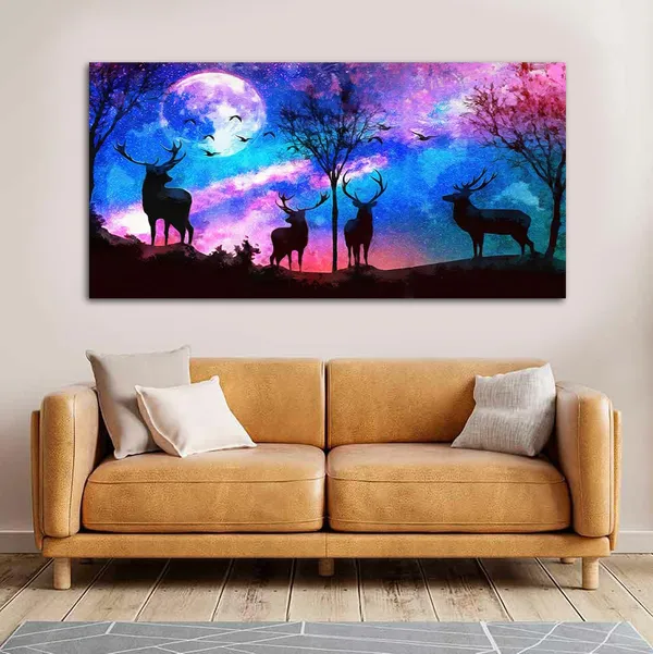 Multicolour_Beautiful_Deer_In_Forest_Canvas_Painting_Wall_Frame_Wall_Decor_For_Living_Room,_Modern_Art_Painting_(Ready_To_Hang)_(48_By_24_Inches)