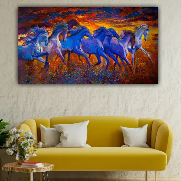 Multicolour_Beautiful_Blue_Running_7_Vastu_Horses_Painting_With_Frame_Wall_Decoration_Large_Size_Canvas_Modern_Wall_Arts_For_Home_Decor_|_Bedroom_(60_By_30_Inches)
