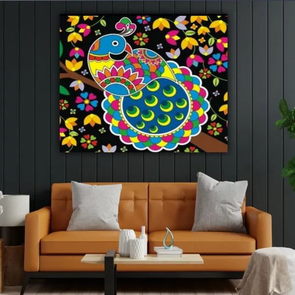 Multicolour_Beautiful_Peacock_Madhubani_Paintings_Canvas_Abstract_Modern_Wall_Art_Decor_Madhubani_Painting_For_Living_Room_|_Bedroom_|_Office_Walls_(With_Frame)_(24_By_24_Inches)