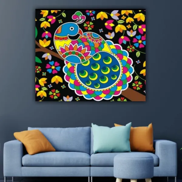 Multicolour_Beautiful_Peacock_Madhubani_Paintings_Canvas_Abstract_Modern_Wall_Art_Decor_Madhubani_Painting_For_Living_Room_|_Bedroom_|_Office_Walls_(With_Frame)_(24_By_24_Inches)