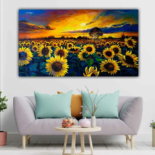 Multicolour_Canvas_Piantings_Flowers_Landscape_For_Living_Room_Wall_Decors_Drawing_Room_A_Sunflower_Field_Wall_Art_Big_Large_Size_Painting_With_Frame_For_Office_Walls_(48X24_Inches)