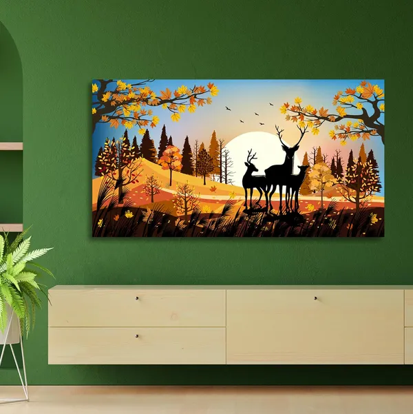 Multicolour_Beautiful_Landscape_Deer_Family_In_Autumn_Wood_Canvas_Painting_Wall_Frame_Wall_Decor_For_Living_Room_|_Modern_Art_Canvas_Painting_(Ready_To_Hang)_(60_By_30_Inches)