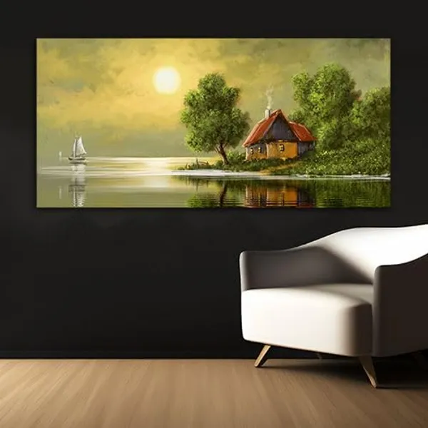 Multicolour_Beautiful_View_Of_Village_Sunrise_Painting_Wall_Frame_Wall_Decor_For_Living_Room,_Abstract_Painting_(Ready_To_Hang)_(60_By_30_Inches)