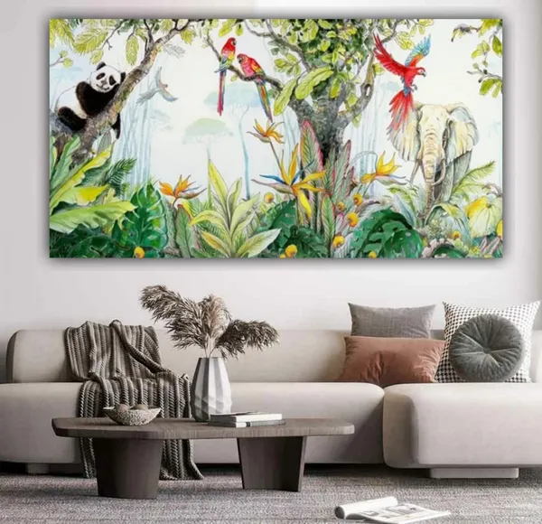 Multicolour_Beautiful_Canvas_Painting_Wildlife_Animals_And_A_Sleeping_Panda_In_A_Forest_Jungle_Landscape_Abstract_Modern_Wall_Art_Big_Large_Size_With_Wooden_Frame_(60_By_30_Inches)