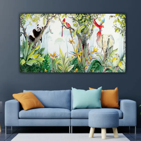 Multicolour_Beautiful_Canvas_Painting_Wildlife_Animals_And_A_Sleeping_Panda_In_A_Forest_Jungle_Landscape_Abstract_Modern_Wall_Art_Big_Large_Size_With_Wooden_Frame_(60_By_30_Inches)