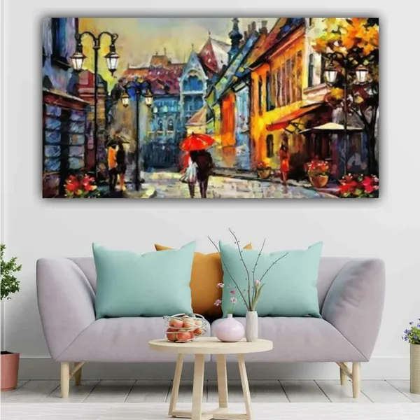 Multicolour_Beautiful_Couples_Walking_In_Rain_Landscape_Paintings_Canvas_Abstract_Modern_Wall_Art_Decor_Big_Large_Size_Painting_For_Living_Room_(With_Frame)_(48_By_24_Inches)