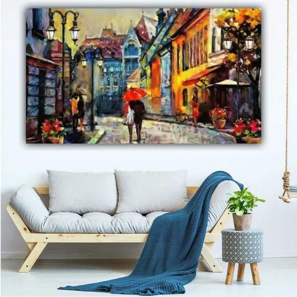 Multicolour_Beautiful_Couples_Walking_In_Rain_Landscape_Paintings_Canvas_Abstract_Modern_Wall_Art_Decor_Big_Large_Size_Painting_For_Living_Room_(With_Frame)_(48_By_24_Inches)
