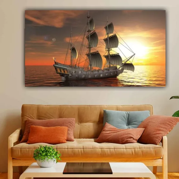 Multicolour_Beautiful_Boat_Sailing_In_The_Ocean_Landscape_Paintings_Canvas_Modern_Art_Wall_Decor_Big_Large_Size_Painting_For_Living_Room_(With_Frame)_(48_By_24_Inches)