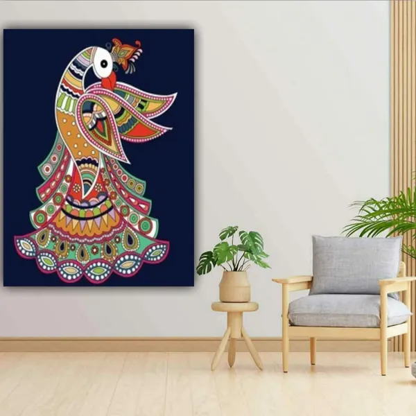 Multicolour_Beautiful_Madhubani_Style_Peacock_Paintings_Modern_Wall_Art_Decor_Canvas_Paintings_For_Living_Room_|_Bedroom_|_Home_Decoration_(With_Frame)_(24_By_48_Inches_|_60_By_120_Cm)