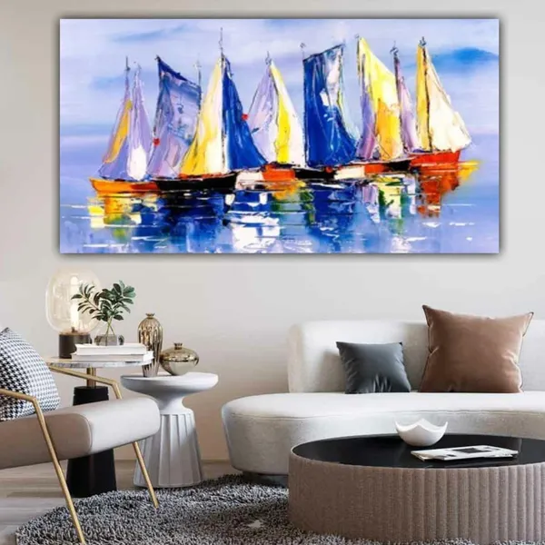 Multicolour_Canvas_Painting_Frame_Wall_Decor_Wall_Decor,_Boats_At_River_Bank_Landscape_Painting_|_Big_Large_Size_Wall_Painting_Frame_|_Canvas_Painting_(Ready_To_Hang)_(60_By_30_Inches)
