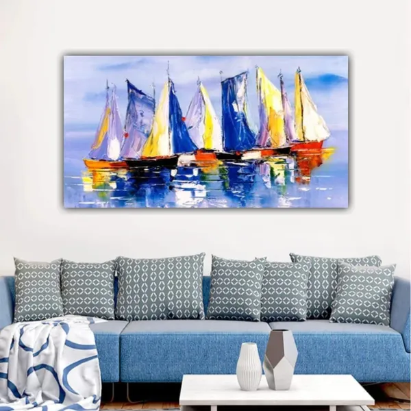 Multicolour_Canvas_Painting_Frame_Wall_Decor_Wall_Decor,_Boats_At_River_Bank_Landscape_Painting_|_Big_Large_Size_Wall_Painting_Frame_|_Canvas_Painting_(Ready_To_Hang)_(60_By_30_Inches)