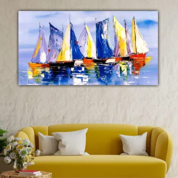 Multicolour_Canvas_Painting_Frame_Wall_Decor_Wall_Decor,_Boats_At_River_Bank_Landscape_Painting_|_Big_Large_Size_Wall_Painting_Frame_|_Canvas_Painting_(Ready_To_Hang)_(60_By_30_Inches)