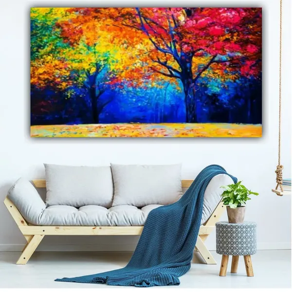 Multicolour_Beautiful_Colourful_Trees_Landscape_Paintings_Canvas_Abstract_Modern_Wall_Art_Decor_Big_Large_Size_Painting_For_Living_Room_(With_Wooden_Frame)_(60_By_30_Inches)