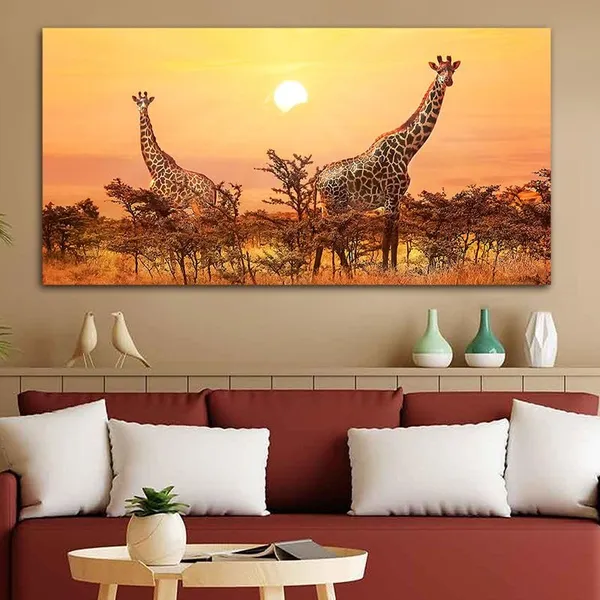 Multicolour_Beautiful_Giraffes_Sunset_In_Background_Painting_Wall_Frame_Wall_Decor_For_Living_Room,_Abstract_Painting_(Ready_To_Hang)_(48_By_24_Inches)