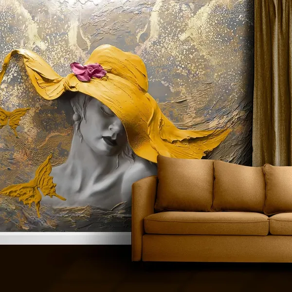 Multicolour_Yellow_Hat_Women_Brown_Wallpaper_For_Living_Room,_Bedroom_|_Self_Adhesive_Just_Peel_And_Stick_Wallpaper_For_Office_Wall_Decors