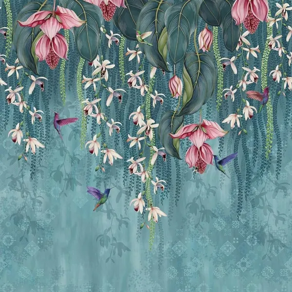 Multicolour_Hummingbirds_Hanging_Pink_Green_Flowers_Blue_Wallpaper_For_Living_Room,_Bedroom_|_Self_Adhesive_Just_Peel_And_Stick_Wallpaper_For_Office_Wall_Decors