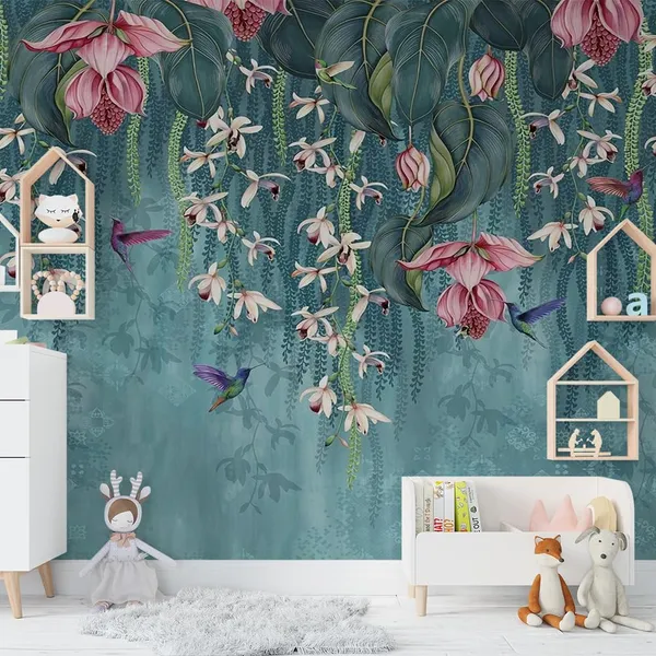Multicolour_Hummingbirds_Hanging_Pink_Green_Flowers_Blue_Wallpaper_For_Living_Room,_Bedroom_|_Self_Adhesive_Just_Peel_And_Stick_Wallpaper_For_Office_Wall_Decors