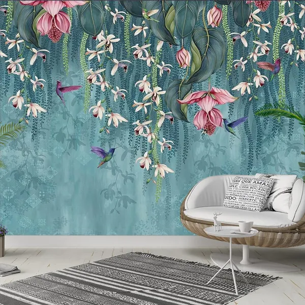 Multicolour_Hummingbirds_Hanging_Pink_Green_Flowers_Blue_Wallpaper_For_Living_Room,_Bedroom_|_Self_Adhesive_Just_Peel_And_Stick_Wallpaper_For_Office_Wall_Decors