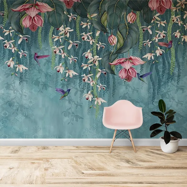 Multicolour_Hummingbirds_Hanging_Pink_Green_Flowers_Blue_Wallpaper_For_Living_Room,_Bedroom_|_Self_Adhesive_Just_Peel_And_Stick_Wallpaper_For_Office_Wall_Decors
