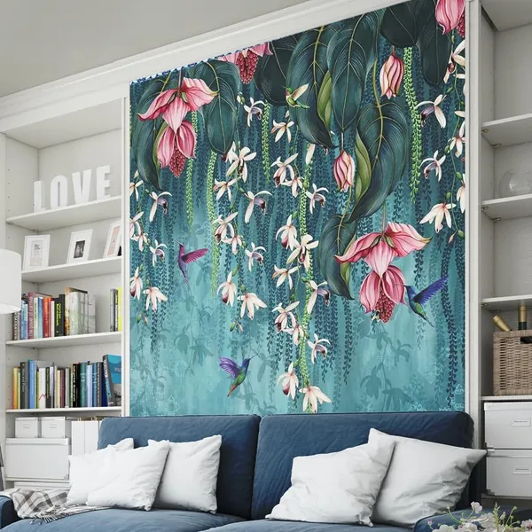 Multicolour_Hummingbirds_Hanging_Pink_Green_Flowers_Blue_Wallpaper_For_Living_Room,_Bedroom_|_Self_Adhesive_Just_Peel_And_Stick_Wallpaper_For_Office_Wall_Decors