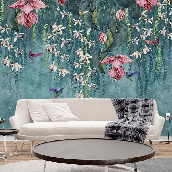Multicolour_Hummingbirds_Hanging_Pink_Green_Flowers_Blue_Wallpaper_For_Living_Room,_Bedroom_|_Self_Adhesive_Just_Peel_And_Stick_Wallpaper_For_Office_Wall_Decors