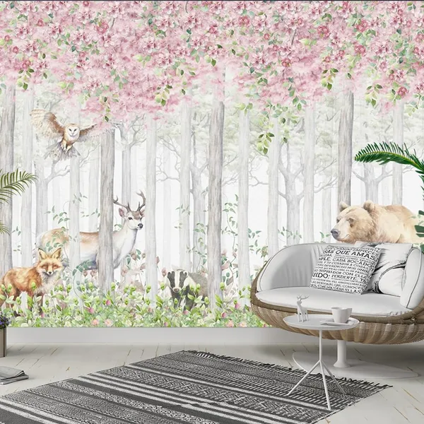Multicolour_Beer_Deer_Wolf_Pink_Forest_Wallpaper_For_Living_Room,_Bedroom_|_Self_Adhesive_Just_Peel_And_Stick_Wallpaper_For_Office_Wall_Decors
