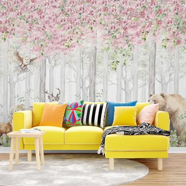 Multicolour_Beer_Deer_Wolf_Pink_Forest_Wallpaper_For_Living_Room,_Bedroom_|_Self_Adhesive_Just_Peel_And_Stick_Wallpaper_For_Office_Wall_Decors