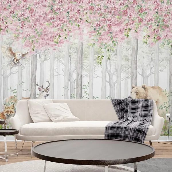 Multicolour_Beer_Deer_Wolf_Pink_Forest_Wallpaper_For_Living_Room,_Bedroom_|_Self_Adhesive_Just_Peel_And_Stick_Wallpaper_For_Office_Wall_Decors