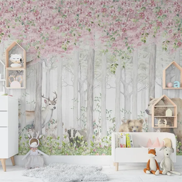 Multicolour_Beer_Deer_Wolf_Pink_Forest_Wallpaper_For_Living_Room,_Bedroom_|_Self_Adhesive_Just_Peel_And_Stick_Wallpaper_For_Office_Wall_Decors
