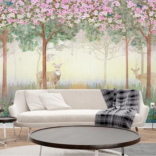 Multicolour_Two_Deer_In_Pink_Forest_Wallpaper_For_Living_Room,_Bedroom_|_Self_Adhesive_Just_Peel_And_Stick_Wallpaper_For_Office_Wall_Decors