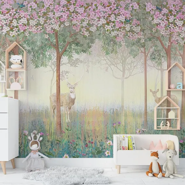 Multicolour_Two_Deer_In_Pink_Forest_Wallpaper_For_Living_Room,_Bedroom_|_Self_Adhesive_Just_Peel_And_Stick_Wallpaper_For_Office_Wall_Decors